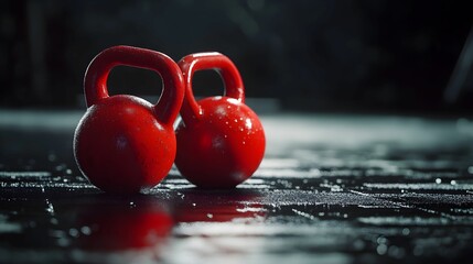 kettlebell, sprzęt siłowy, trening fitness, siłownia, podłoga gumowa, czarne tło, czerwień, dynamiczny kadr, motywacja sportowa, minimalizm, nowoczesna siłownia, sprzęt do ćwiczeń, sportowe akcesoria,