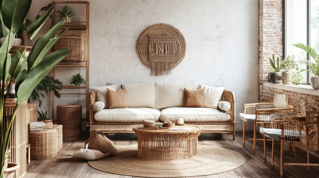 Home interior mock-up with rattan furniture, table and d&Atilde;&fnof;&Acirc;&copy;cor in living room