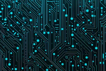 Abstract close-up of a glowing blue digital circuit board, showcasing intricate connections and technological design on a black background.
