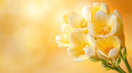 Obraz premium Close-up of a bouquet of pale yellow freesia flowers against a blurred golden background.