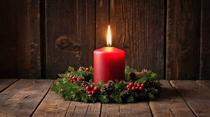 A glowing candle flickers warmly in a festive New Year's scene, surrounded by sparkling decorations and holiday cheer