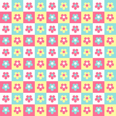 Floral seamless pattern.Colorful flowers in squares grid checkered repeat pattern.Vector graphic illustration wallpaper.Spring background.