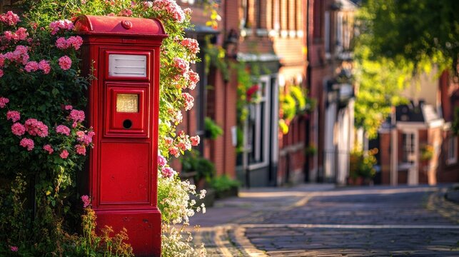 A beautifully preserved Victorian-style red postbox, surrounded by blooming flowers, set against the backdrop of a sunny, picturesque town square.