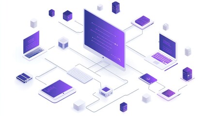 Obraz premium Networked devices, computers, and servers connected.