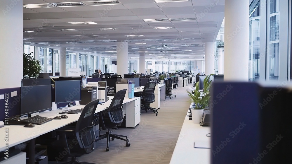 Poster clean modern office workspace with interactive digital elements