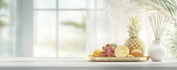 Incense Offerings Fresh fruits arranged on a table by a window.