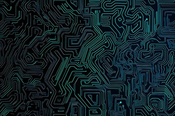 Abstract close-up of a glowing blue digital circuit board, showcasing intricate connections and technological design on a black background.

