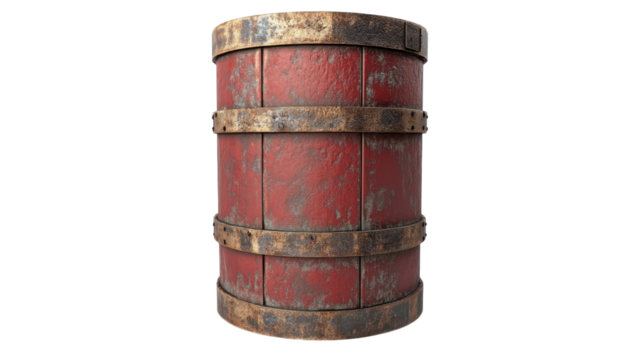 Isolated Old Red Metallic Barrel for Industrial and Creative Projects Featuring Unique Texture and Vintage Appeal.