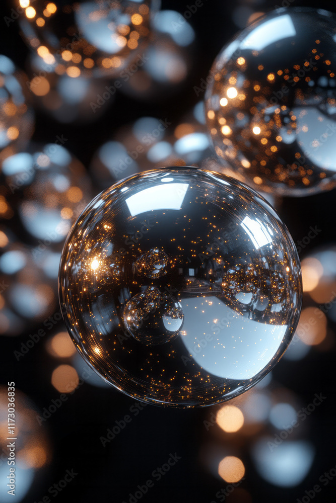 Poster abstract 3d rendering of smooth metallic spheres interlocking against a black backdrop,