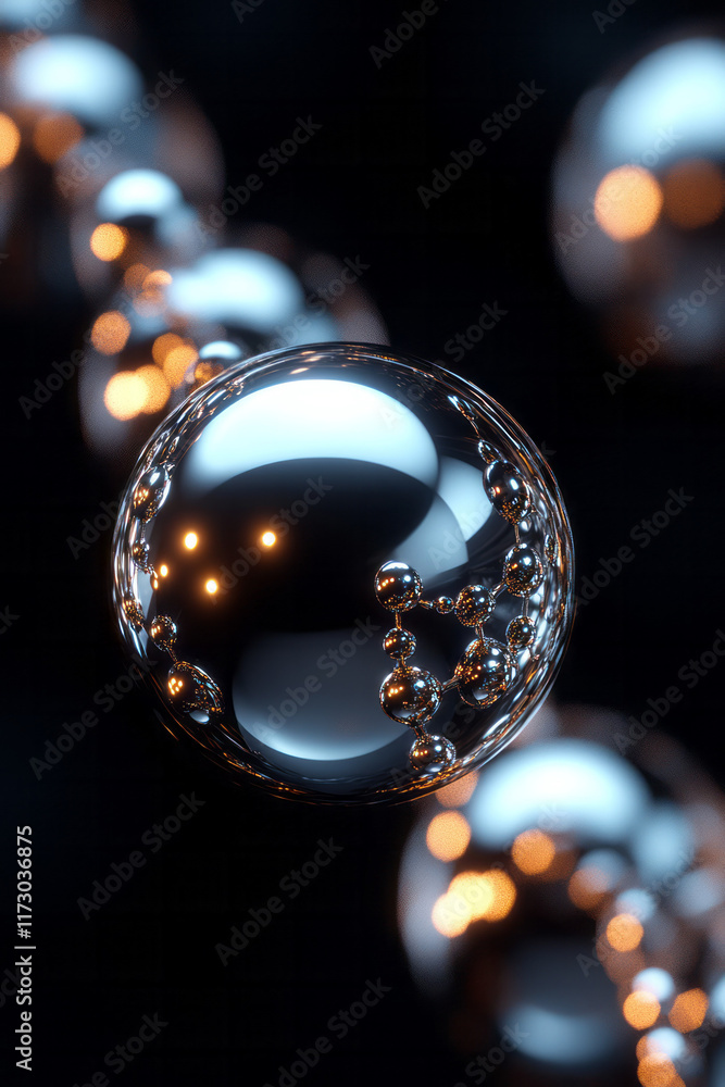 Poster abstract 3d rendering of smooth metallic spheres interlocking against a black backdrop,