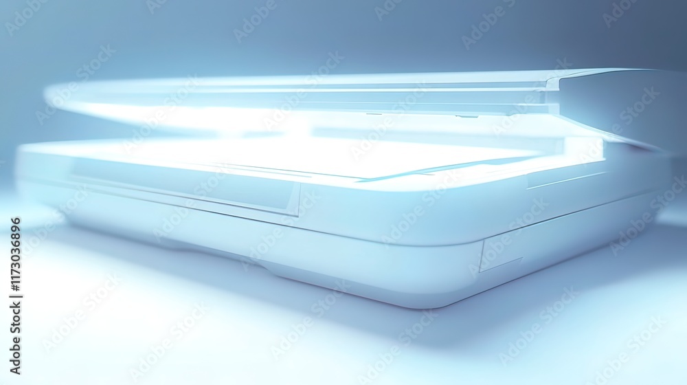 Poster close-up of a flatbed scanner with its lid open, illuminating a document underneath.