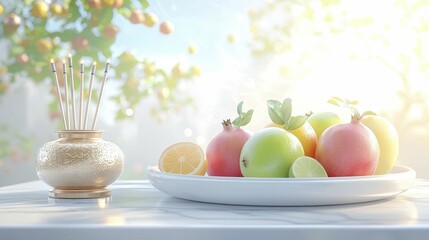 Incense Offerings Fresh fruits on a plate with a decorative vase nearby