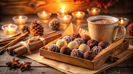 Truffles and hot coffee with festive decor