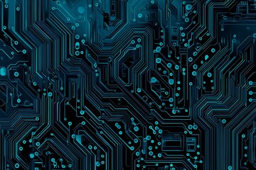 Abstract close-up of a glowing blue digital circuit board, showcasing intricate connections and technological design on a black background.
