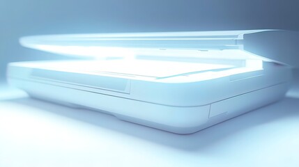 Close-up of a flatbed scanner with its lid open, illuminating a document underneath.