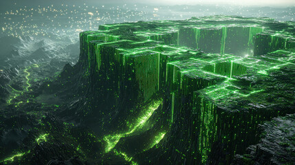 Obraz premium Glowing green digital landscape plateau above misty valley, city lights background, data visualization