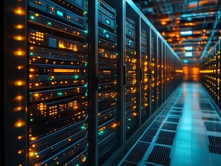 Illuminated server racks in a modern data center.
