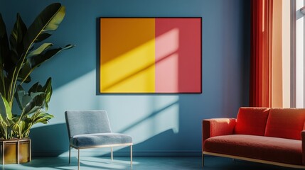 A modern interior featuring a colorful artwork, cozy seating, and a vibrant plant.