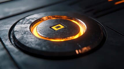 Close-up of a glowing, metallic button with a square symbol, embedded in a dark, textured surface.