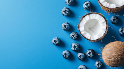 Blueberries and halved coconuts on blue background.
