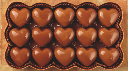 Fototapeta premium Delicious heart shaped chocolates arranged in decorative box, perfect for gifting