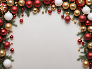 Christmas border composition with red, white and gold ornaments framing empty space