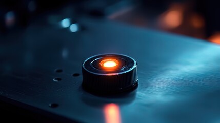 Close-up of a glowing orange light on a metallic surface, possibly a scientific instrument.