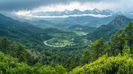 Fototapeta premium Winding river valley, forested slopes, distant snowy peaks under cloudy sky