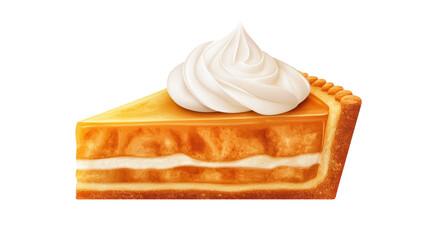 Delicious Pumpkin Pie Slice with Whipped Cream Isolated on White Background Perfect for Fall Desserts and Thanksgiving Celebrations.
