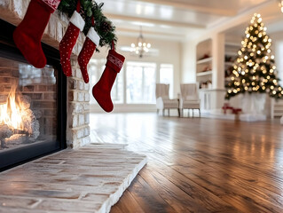 Cozy Christmas fireplace with stockings, hardwood floors, and decorated tree in the background, perfect for holiday cards or home decor websites