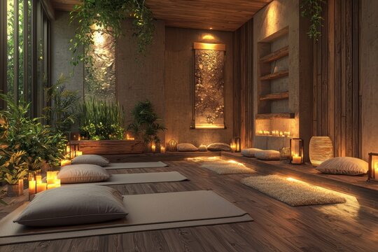 Tranquil yoga retreat modern studio interior design serene environment minimalist viewpoint mindfulness concept