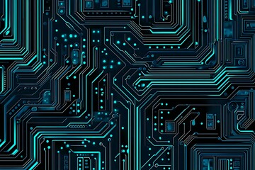 Abstract close-up of a glowing blue digital circuit board, showcasing intricate connections and technological design on a black background.
