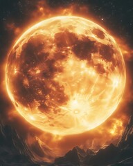 Fiery orange full moon over dark mountains.