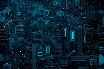 Abstract close-up of a glowing blue digital circuit board, showcasing intricate connections and technological design on a black background.
