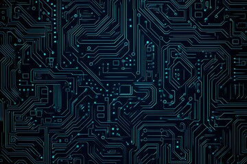 Abstract close-up of a glowing blue digital circuit board, showcasing intricate connections and technological design on a black background.
