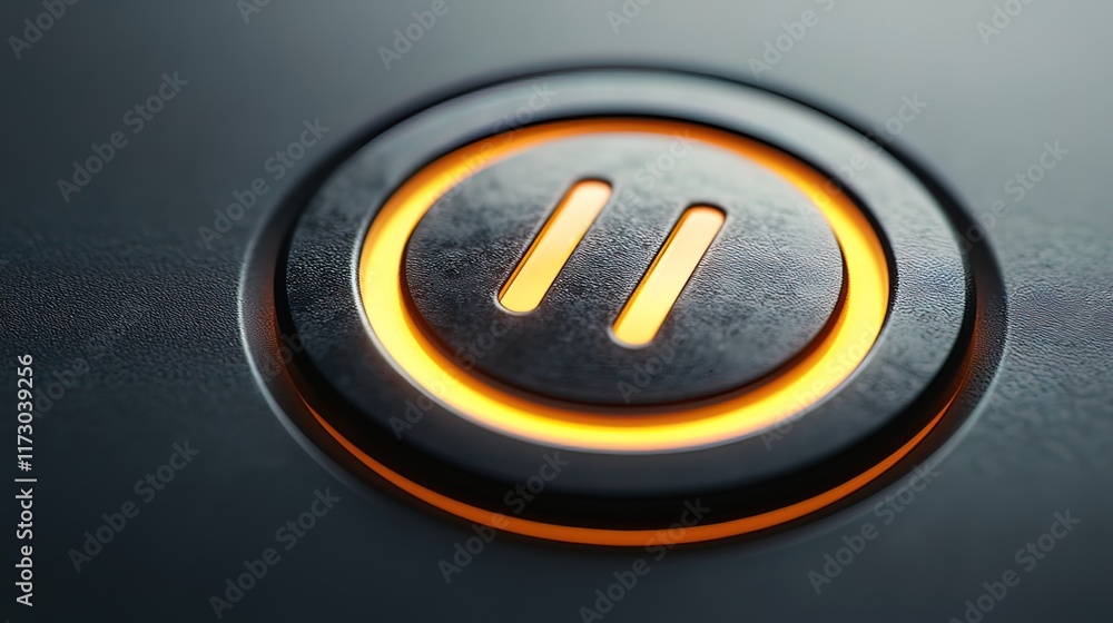 Poster close-up of a metallic pause button with orange illumination.