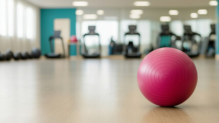 vibrant pink exercise ball rests on wooden gym floor, surrounded by fitness equipment, promoting active lifestyle