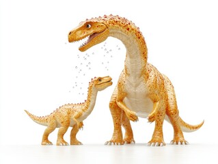 Two cartoon-style dinosaurs, one larger and one smaller, with a playful, friendly appearance.