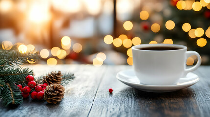Cozy Christmas morning coffee by window, blurred festive lights and tree background; perfect for holiday greeting cards or seasonal promotions