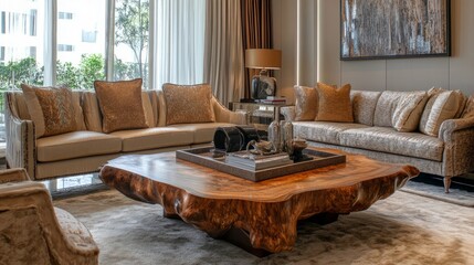 A cozy living room setting with a stylish coffee table in natural wood, ideal for showcasing products, surrounded by plush furniture.