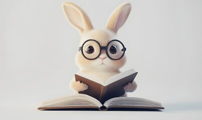 Cute cartoon bunny rabbit wearing glasses reading a book. (2)