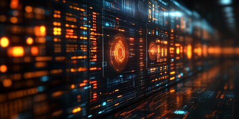 Futuristic digital interface with glowing orange and blue data streams.