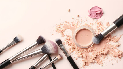 A collection of makeup brushes and powder on a table