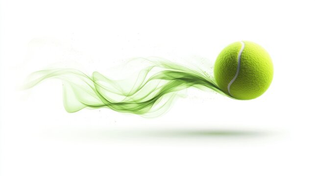 Tennis ball in motion with green smoke trail.