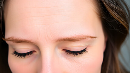 Fototapeta premium Woman's frown line wrinkles between eyebrows. Generative AI