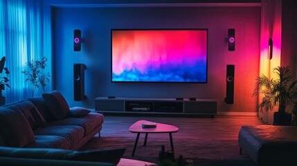 A modern home theater setup in a living room with RGB LED lighting, a large screen, and sleek furniture for an elevated movie-watching experience.