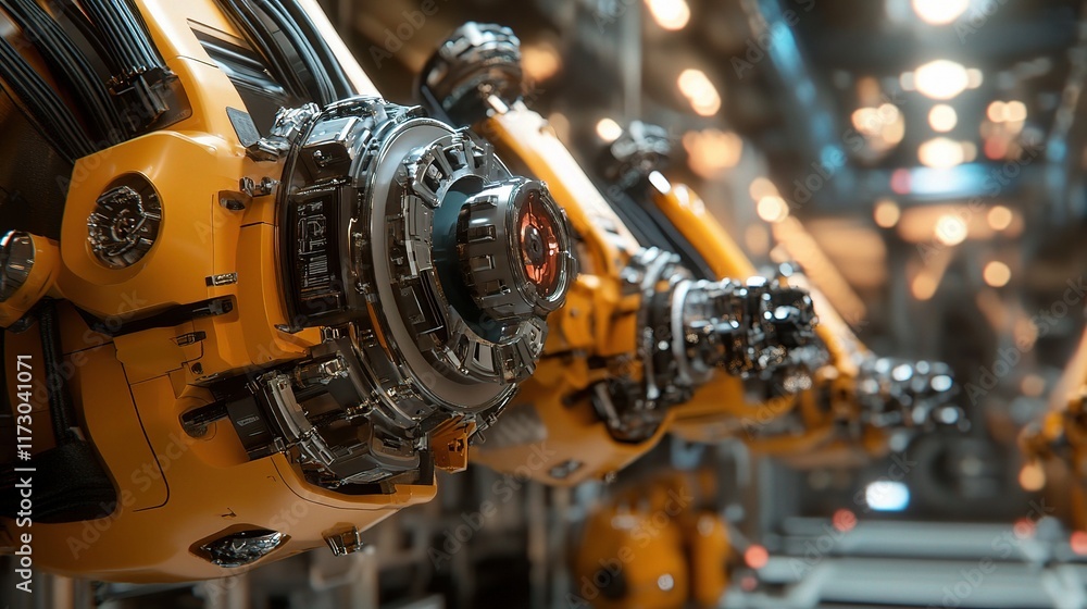 Poster close-up of robotic arm assembling product in advanced factory setting