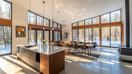 A stylish open living space with a fully equipped modern kitchen, island seating, and floor-to-ceiling windows inviting in ample natural light.