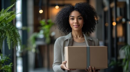 A professional woman handing a package in an office delivery scene, her expression calm and confident amidst modern surroundings