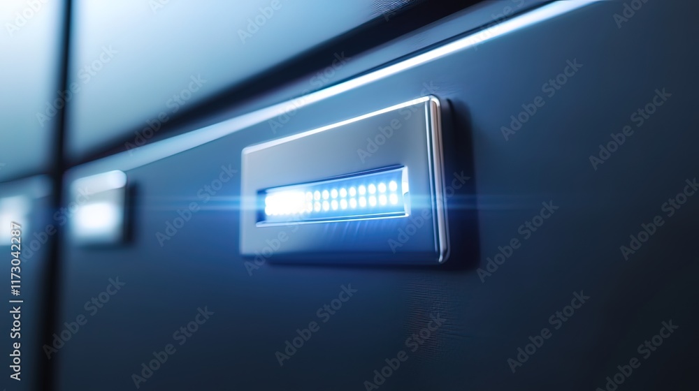 Poster close-up of a sleek, metallic panel with a row of illuminated leds, suggesting technological advance